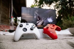 Next-generation gaming console with advanced graphics, AI-powered features, and the latest gaming lineup displayed on a 4K screen