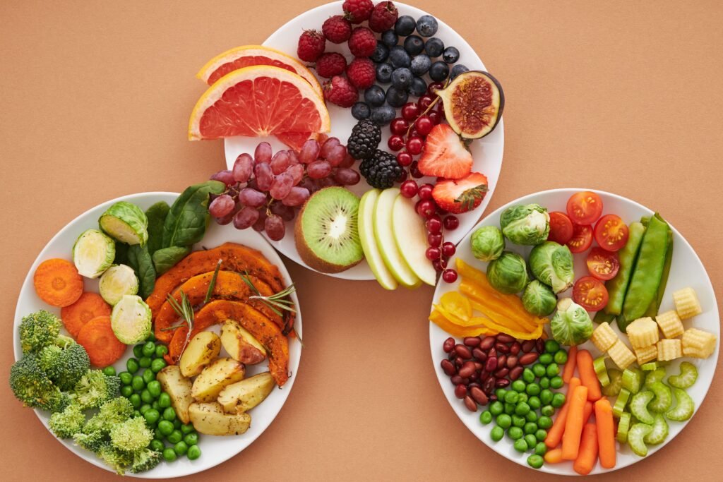 Healthy carbohydrate sources, including whole grains, fruits, and vegetables