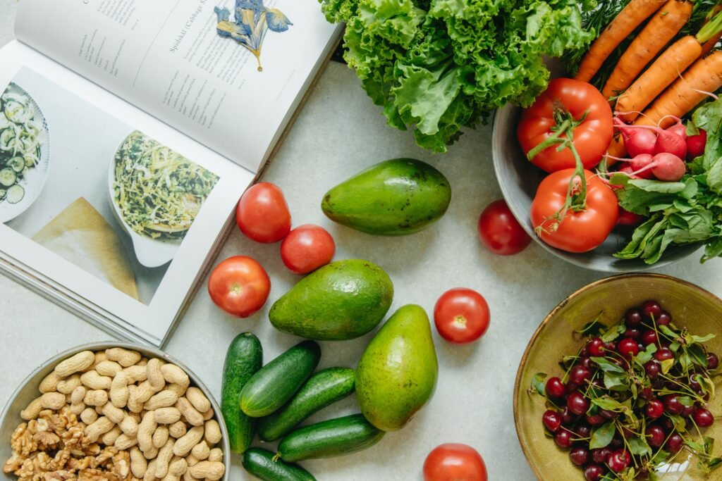 Balanced, healthy diet with fruits, vegetables, grains, and protein 