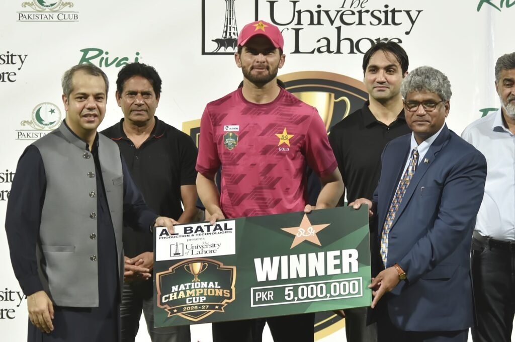 alt="Shaheen Shah Afridi celebrating his hat-trick and seven-wicket spell in the Champions Cup final"