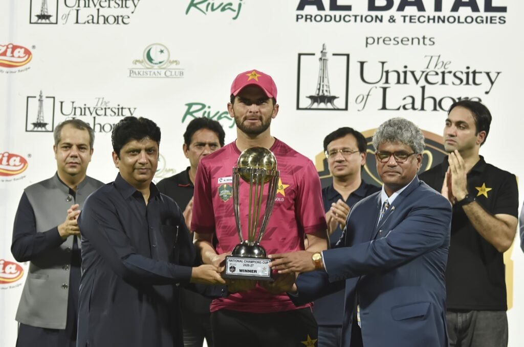 alt="Shaheen Shah Afridi celebrating his hat-trick and seven-wicket spell in the Champions Cup final"