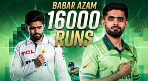 Babar Azam celebrates reaching 16,000 international runs for Pakistan.