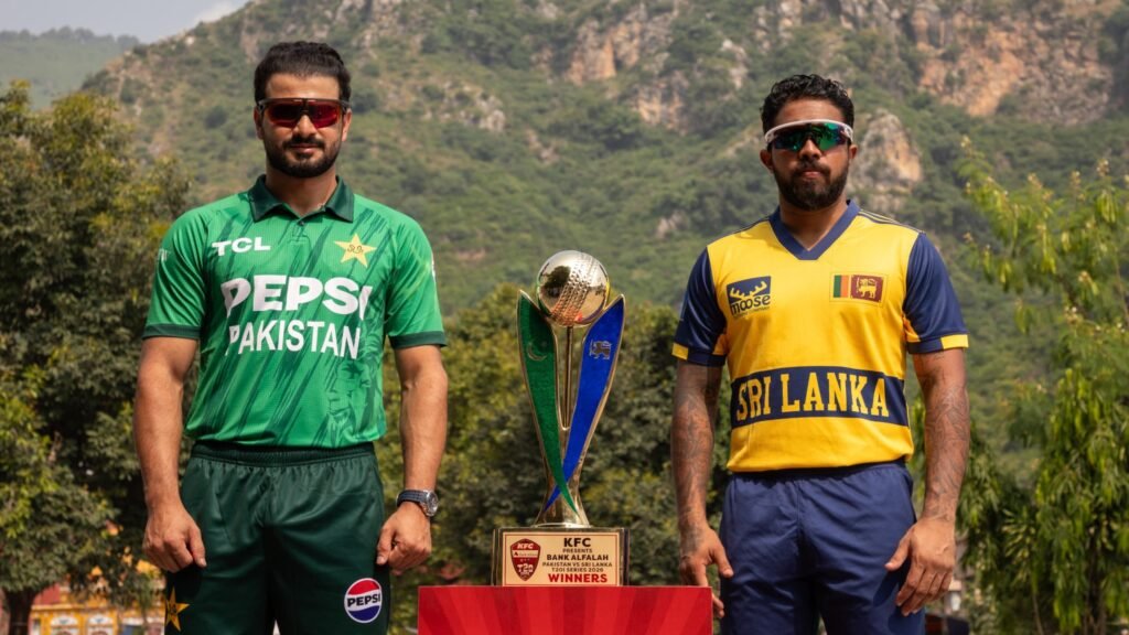 Pakistan and Sri Lanka captains posing with the 2026 T20I series trophy
